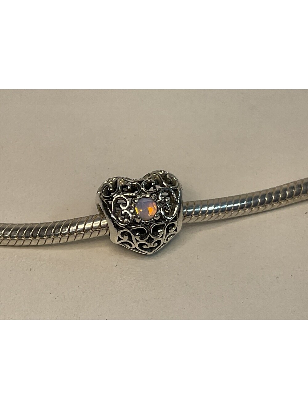 Pandora Ornate Heart Birthstone Charm October Opal